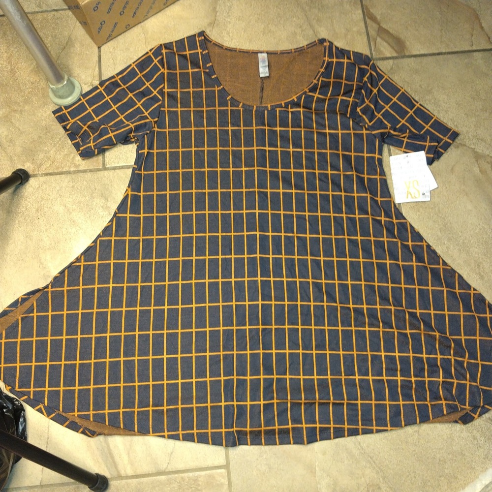 LuLaRoe Perfect T Top Womens XS Navy Blue Orange Grid Short Sleeve Swing Tunic